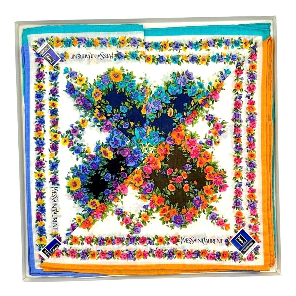 NIB Vintage Yves Saint Laurent YSL Floral Handkerchiefs 3pc Set